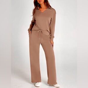 Move Theology Brown Wide-Leg Split Hem Ribbed Lounge Pants M